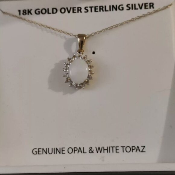 SOLD Genuine Opal White Topaz Necklace Pendant. Sterling Silver 18K Gold - Picture 2 of 5